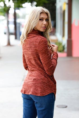 Rust Marled Cowl Neck Pocketed Top - Coeur de la Mode