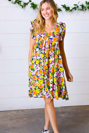 Indigo & Lemon Floral Babydoll Ruffle Dress - Coeur de la Mode