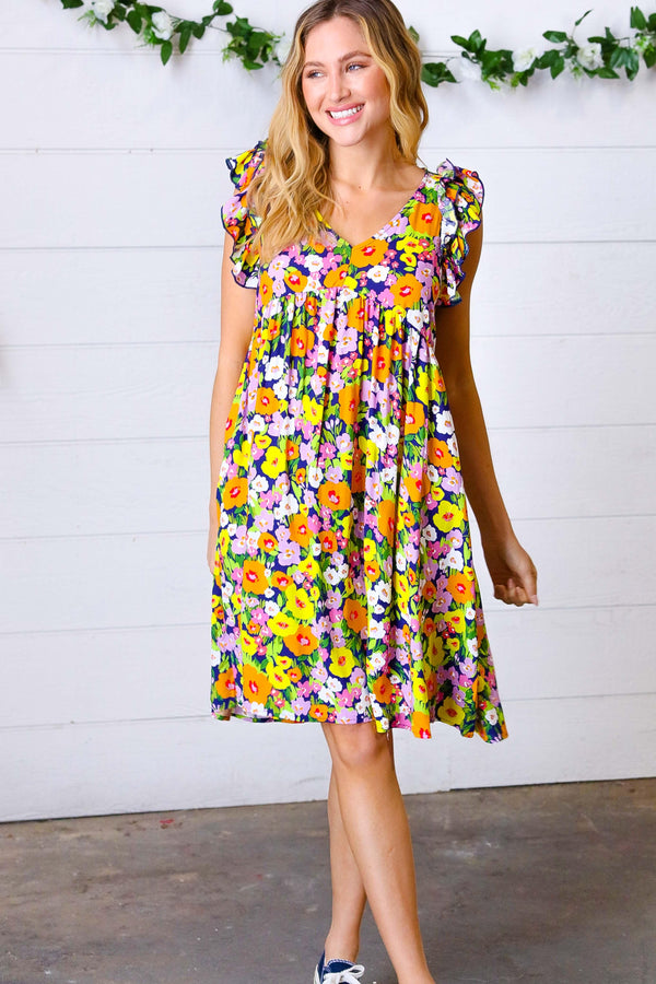 Indigo & Lemon Floral Babydoll Ruffle Dress - Coeur de la Mode