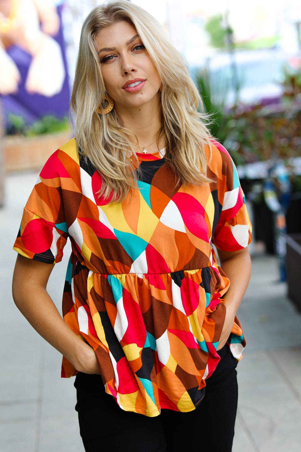 Teal & Mustard Geo Print Drop Shoulder Babydoll Top - Coeur de la Mode