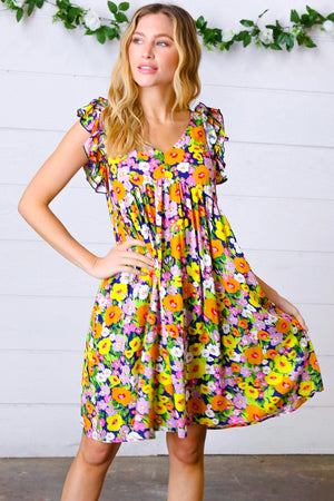 Indigo & Lemon Floral Babydoll Ruffle Dress - Coeur de la Mode