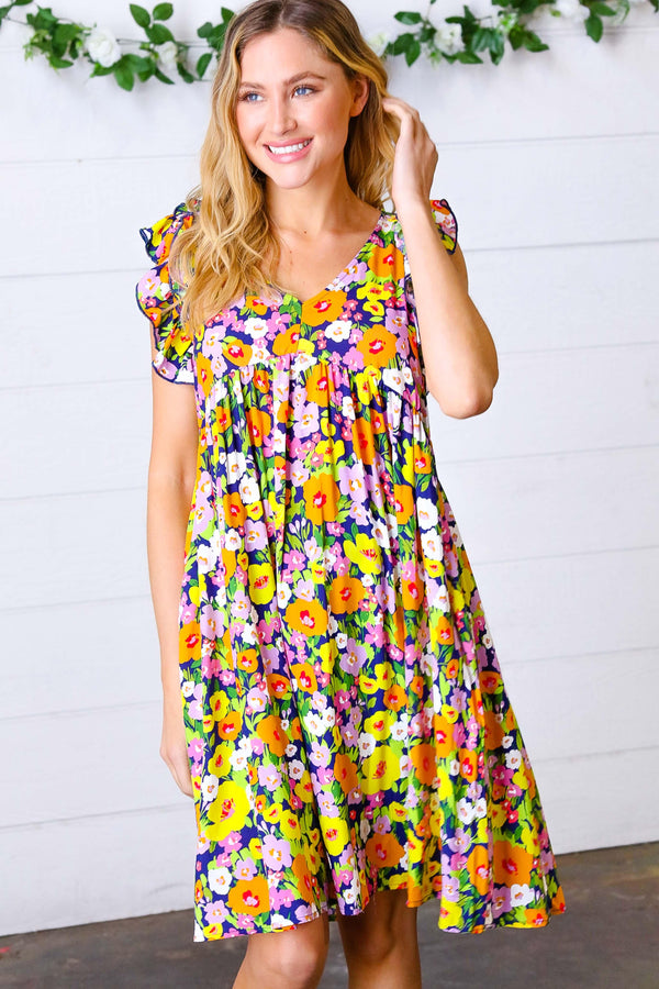 Indigo & Lemon Floral Babydoll Ruffle Dress - Coeur de la Mode