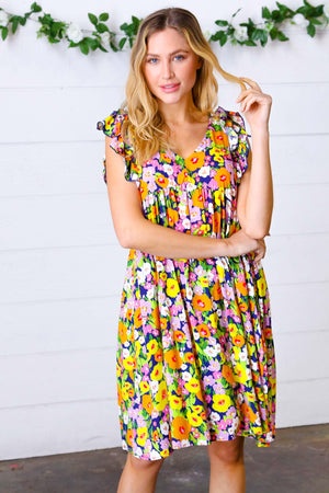 Indigo & Lemon Floral Babydoll Ruffle Dress - Coeur de la Mode