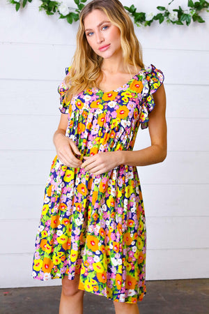 Indigo & Lemon Floral Babydoll Ruffle Dress - Coeur de la Mode