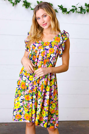 Indigo & Lemon Floral Babydoll Ruffle Dress - Coeur de la Mode