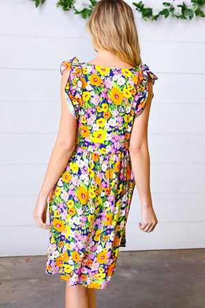 Indigo & Lemon Floral Babydoll Ruffle Dress - Coeur de la Mode