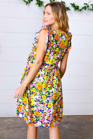 Indigo & Lemon Floral Babydoll Ruffle Dress - Coeur de la Mode
