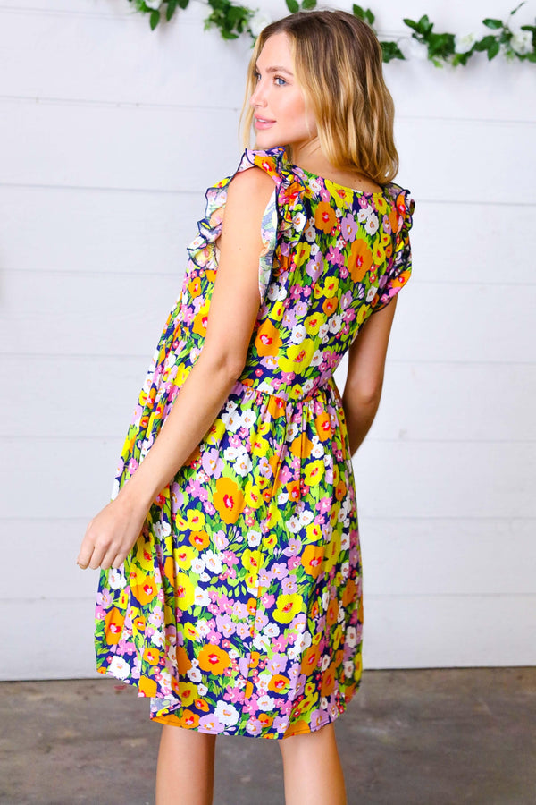 Indigo & Lemon Floral Babydoll Ruffle Dress - Coeur de la Mode