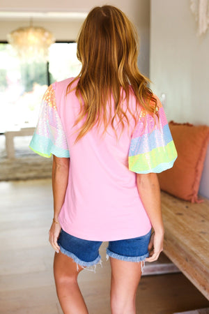 Stand Out Pink Rainbow Sequin Puff Sleeve Top - Coeur de la Mode