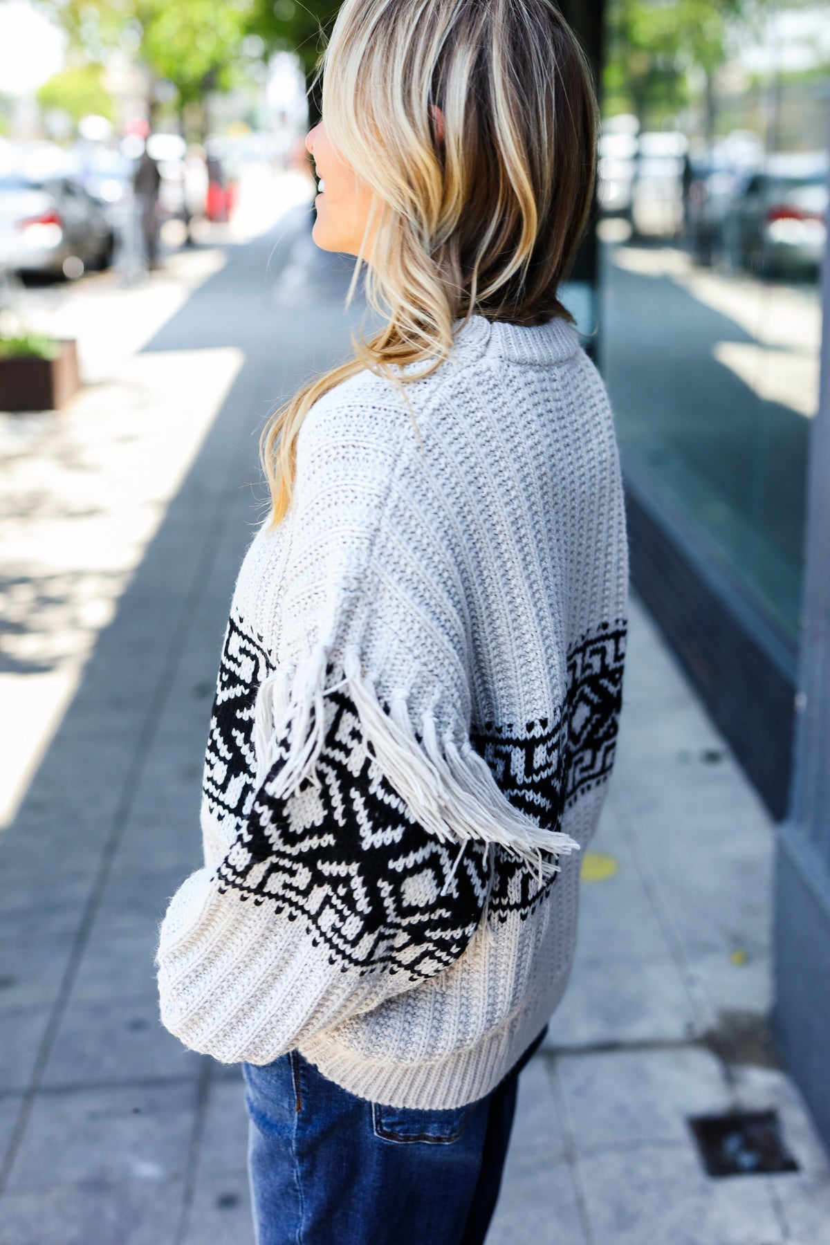 Ready For Anything Taupe & Black Tassel Aztec Sweater