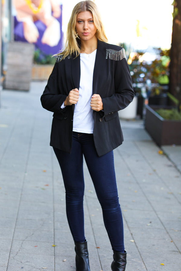 Holiday Ready Black Shoulder Tassel Fringe Blazer - Coeur de la Mode