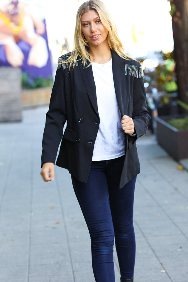 Holiday Ready Black Shoulder Tassel Fringe Blazer - Coeur de la Mode