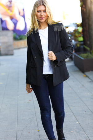 Holiday Ready Black Shoulder Tassel Fringe Blazer - Coeur de la Mode