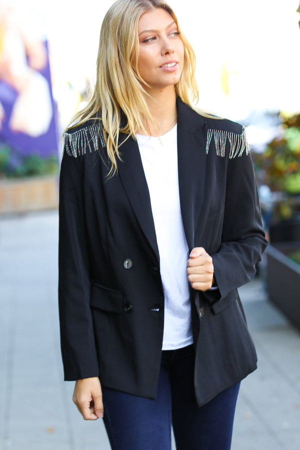 Holiday Ready Black Shoulder Tassel Fringe Blazer - Coeur de la Mode
