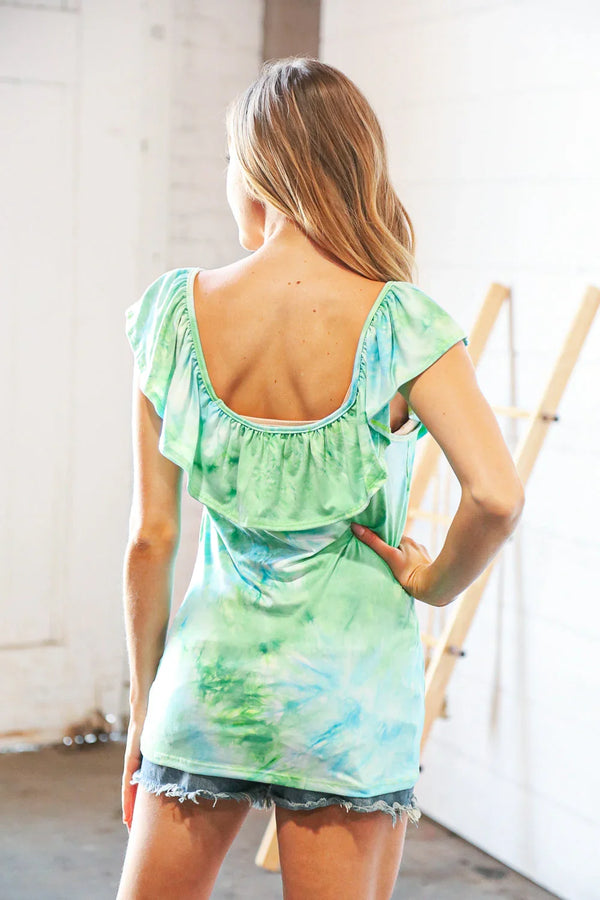 Lime Square Neck Ruffle Tie Dye Tank Top - Coeur de la Mode