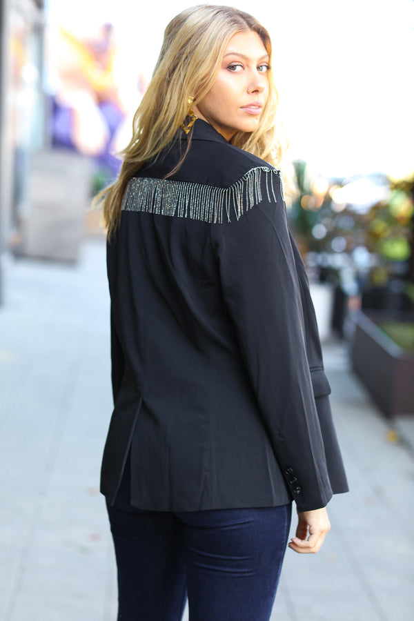 Holiday Ready Black Shoulder Tassel Fringe Blazer - Coeur de la Mode