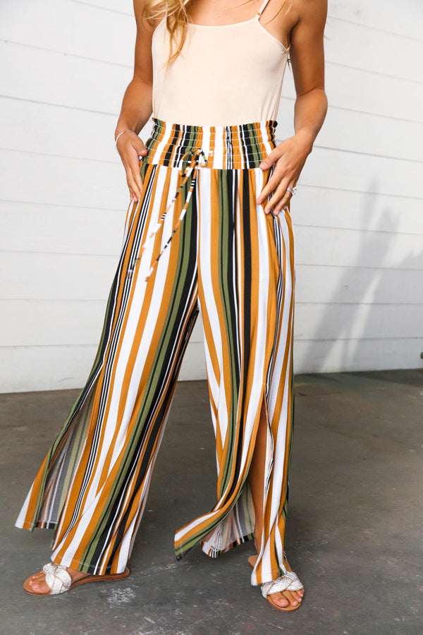 Tan & Green Vertical Stripe Smock Waist Side Slit Palazzo Pants - Coeur de la Mode