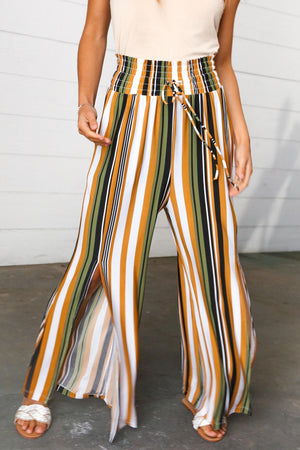 Tan & Green Vertical Stripe Smock Waist Side Slit Palazzo Pants - Coeur de la Mode