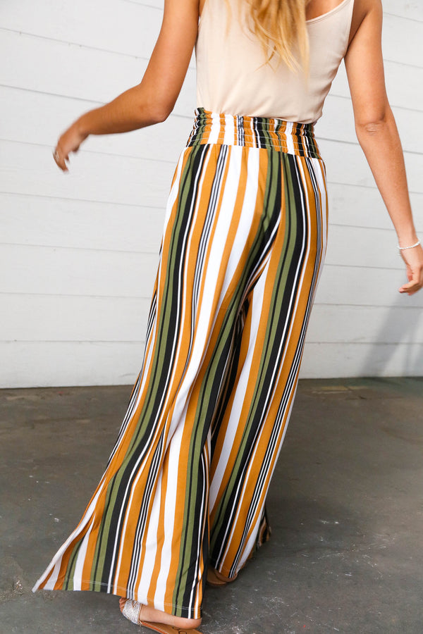 Tan & Green Vertical Stripe Smock Waist Side Slit Palazzo Pants - Coeur de la Mode