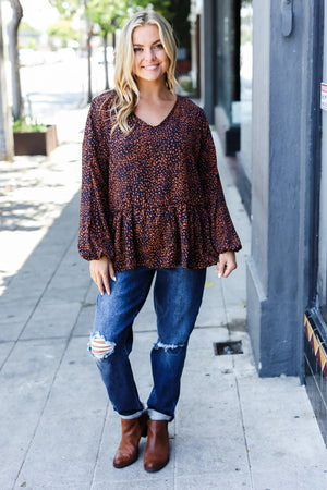 Navy & Rust Leopard Woven Babydoll Top - Coeur de la Mode