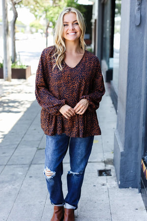 Navy & Rust Leopard Woven Babydoll Top - Coeur de la Mode