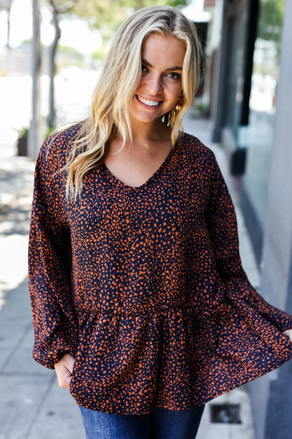 Navy & Rust Leopard Woven Babydoll Top - Coeur de la Mode