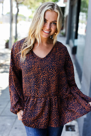 Navy & Rust Leopard Woven Babydoll Top - Coeur de la Mode
