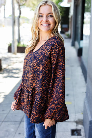 Navy & Rust Leopard Woven Babydoll Top - Coeur de la Mode