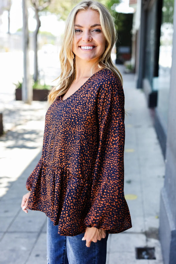 Navy & Rust Leopard Woven Babydoll Top - Coeur de la Mode