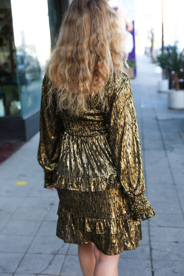 Dazzling Black Gold Foiled Smocked Fit & Flare Dress - Coeur de la Mode