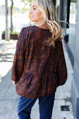 Navy & Rust Leopard Woven Babydoll Top - Coeur de la Mode