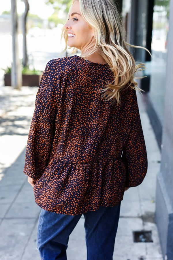 Navy & Rust Leopard Woven Babydoll Top - Coeur de la Mode