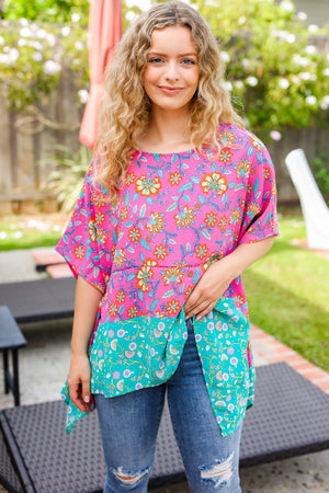Vacay Ready Fuchsia Paisley Floral Dolman Sleeve Shark Bite Top - Coeur de la Mode