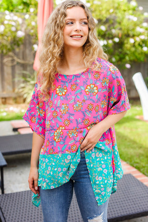 Vacay Ready Fuchsia Paisley Floral Dolman Sleeve Shark Bite Top - Coeur de la Mode