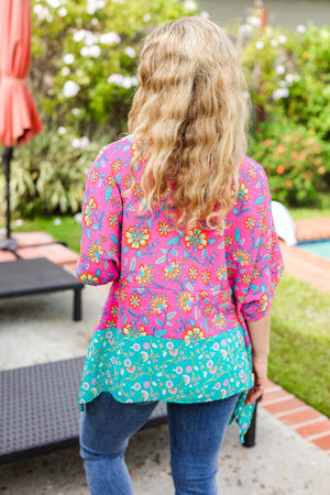 Vacay Ready Fuchsia Paisley Floral Dolman Sleeve Shark Bite Top - Coeur de la Mode