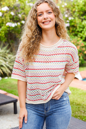 Stand Out Oatmeal & Lavender Stripe Netted Crochet Sweater Top - Coeur de la Mode
