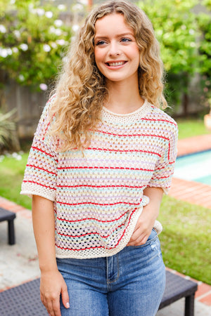 Stand Out Oatmeal & Lavender Stripe Netted Crochet Sweater Top - Coeur de la Mode