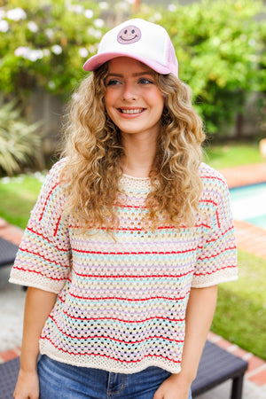 Baby Pink Glitter Smiley Face Mesh Trucker Hat - Coeur de la Mode