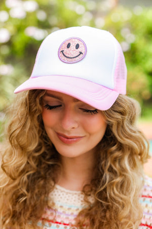 Baby Pink Glitter Smiley Face Mesh Trucker Hat - Coeur de la Mode