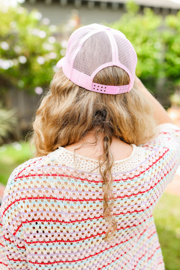 Baby Pink Glitter Smiley Face Mesh Trucker Hat - Coeur de la Mode