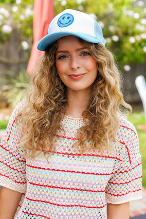 Baby Blue Glitter Smiley Face Mesh Trucker Hat - Coeur de la Mode