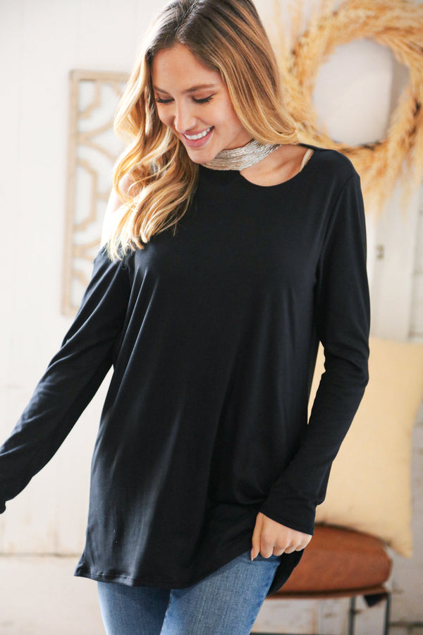 Shimmer Foil Neck Band Cold Shoulder Holiday Top - Coeur de la Mode