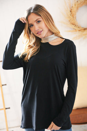 Shimmer Foil Neck Band Cold Shoulder Holiday Top - Coeur de la Mode