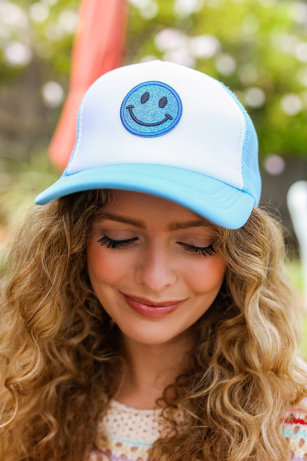 Baby Blue Glitter Smiley Face Mesh Trucker Hat - Coeur de la Mode