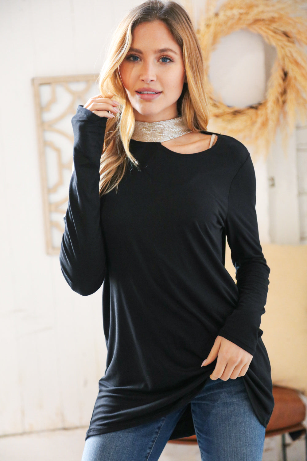 Shimmer Foil Neck Band Cold Shoulder Holiday Top - Coeur de la Mode