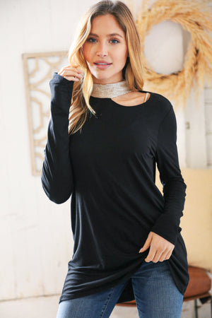 Shimmer Foil Neck Band Cold Shoulder Holiday Top - Coeur de la Mode