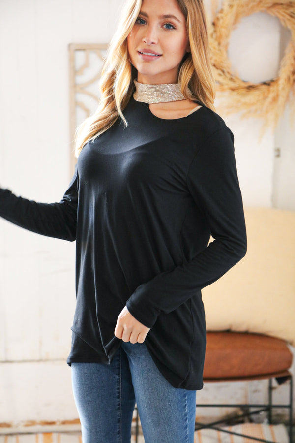 Shimmer Foil Neck Band Cold Shoulder Holiday Top - Coeur de la Mode