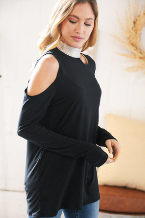 Shimmer Foil Neck Band Cold Shoulder Holiday Top - Coeur de la Mode