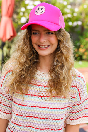 Neon Pink Glitter Smiley Face Mesh Trucker Hat - Coeur de la Mode