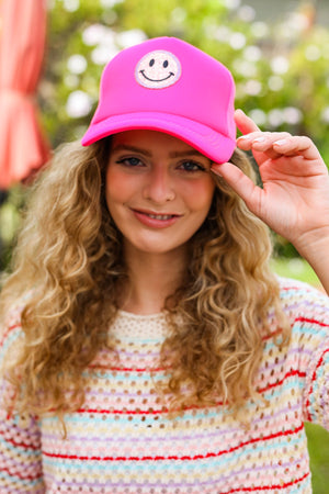 Neon Pink Glitter Smiley Face Mesh Trucker Hat - Coeur de la Mode